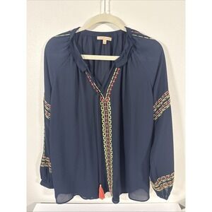 NWT Gibson Latimer Navy Embroidery‎ 100% Polyester Top Tunic V Neck Tie Large M1